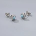 Larimar Round Halo 925 Sterling Silver Stud Earrings