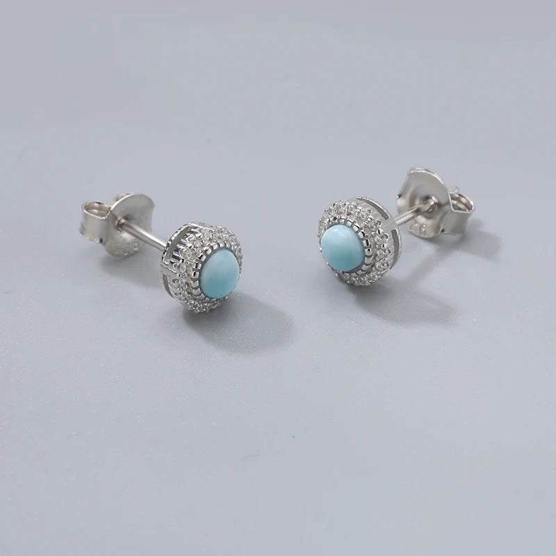 Larimar Round Halo 925 Sterling Silver Stud Earrings