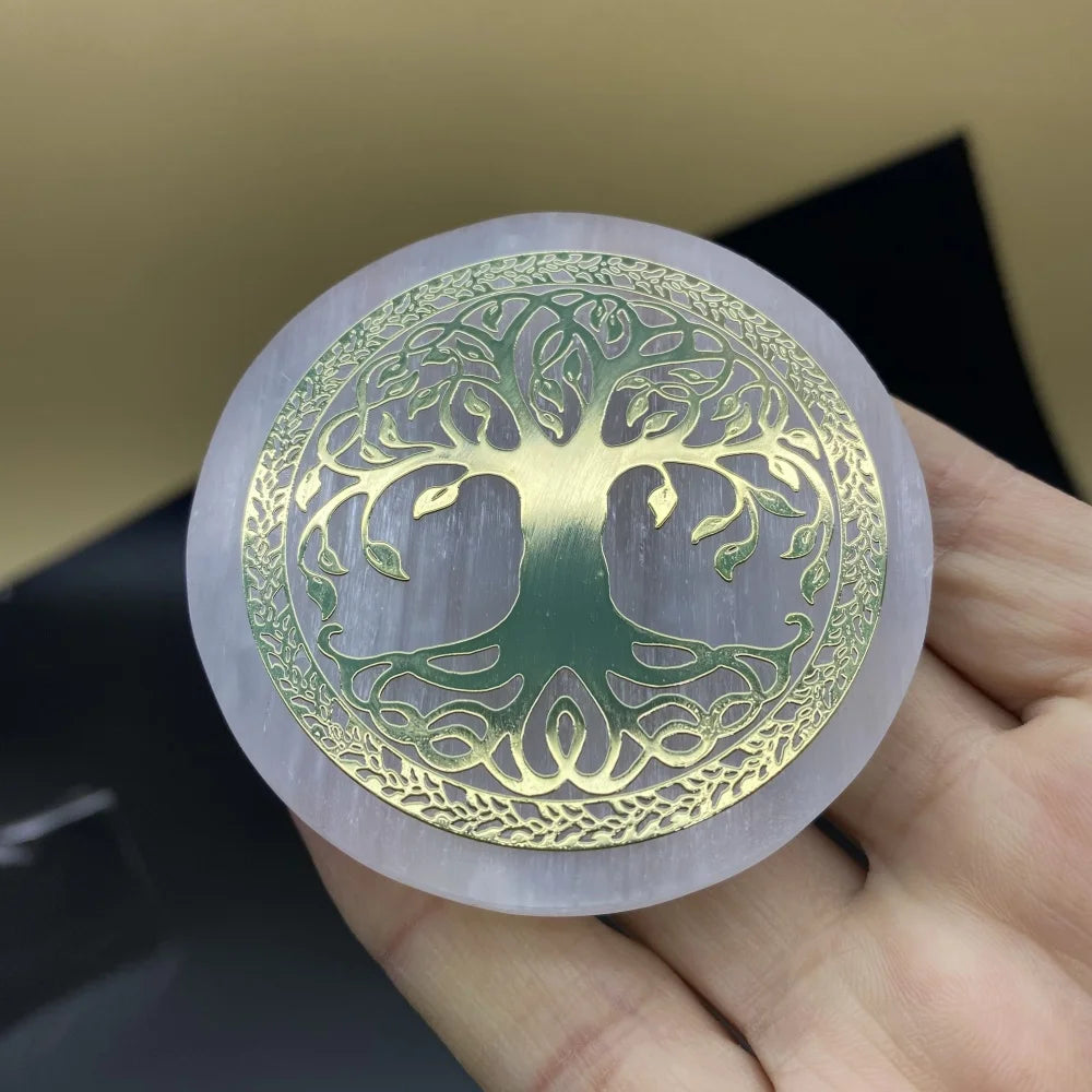 Engraved Selenite Charging Disc – Sacred Geometry Crystal Plate