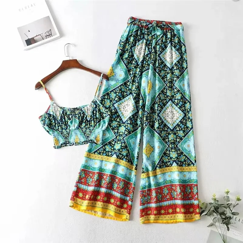 Boho Floral Smocked Cami & Wide-Leg Pants Set