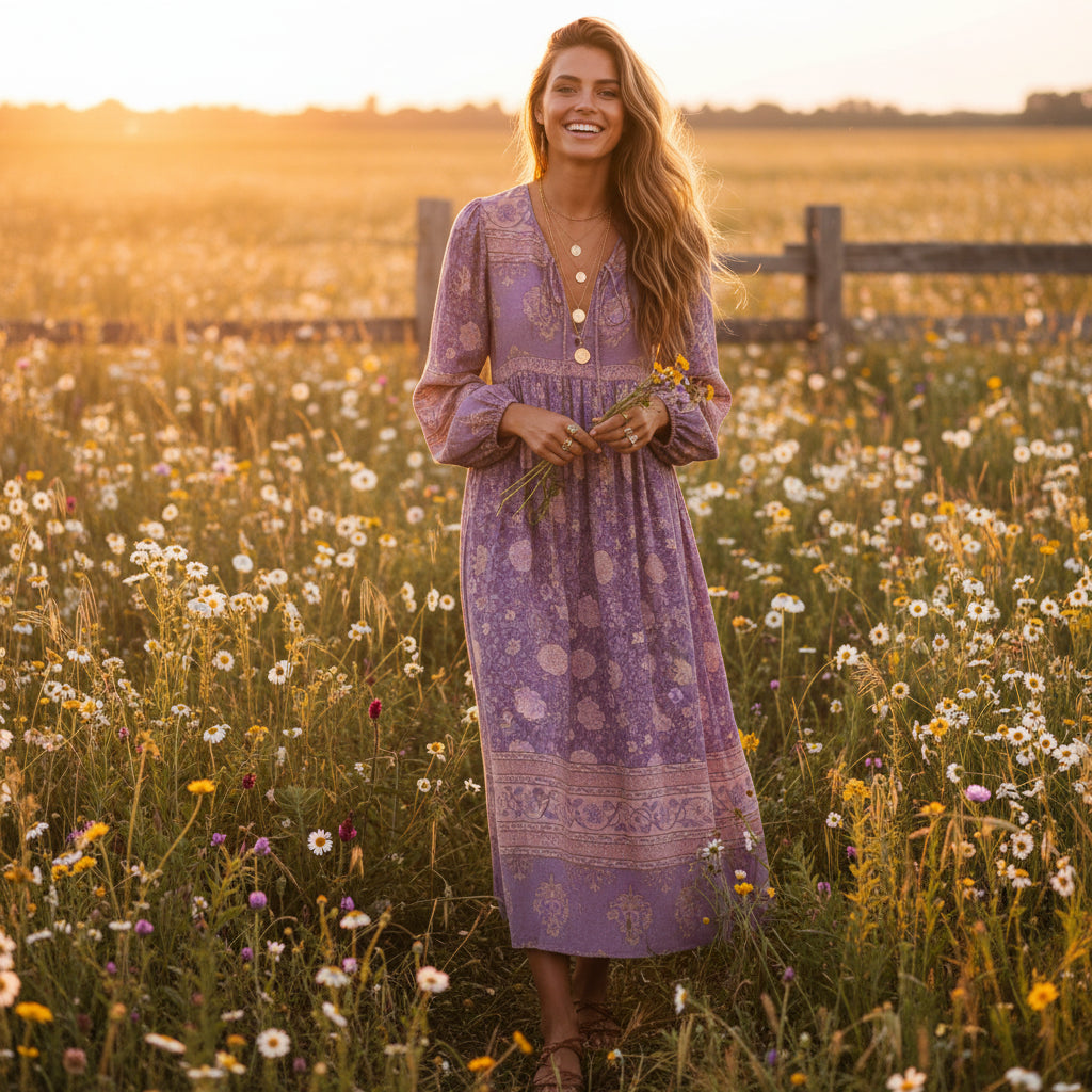 Bohemian Floral V-Neck Lantern-Sleeve Maxi Dress