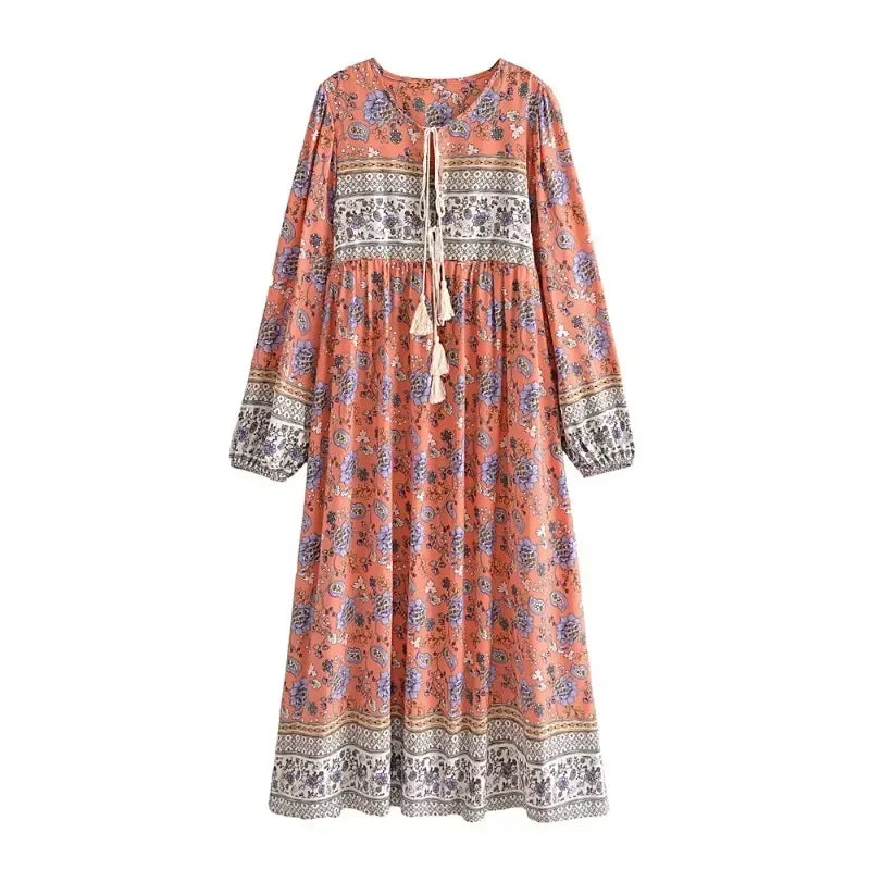 Floral Tassel-Tie Long-Sleeve Boho Dress