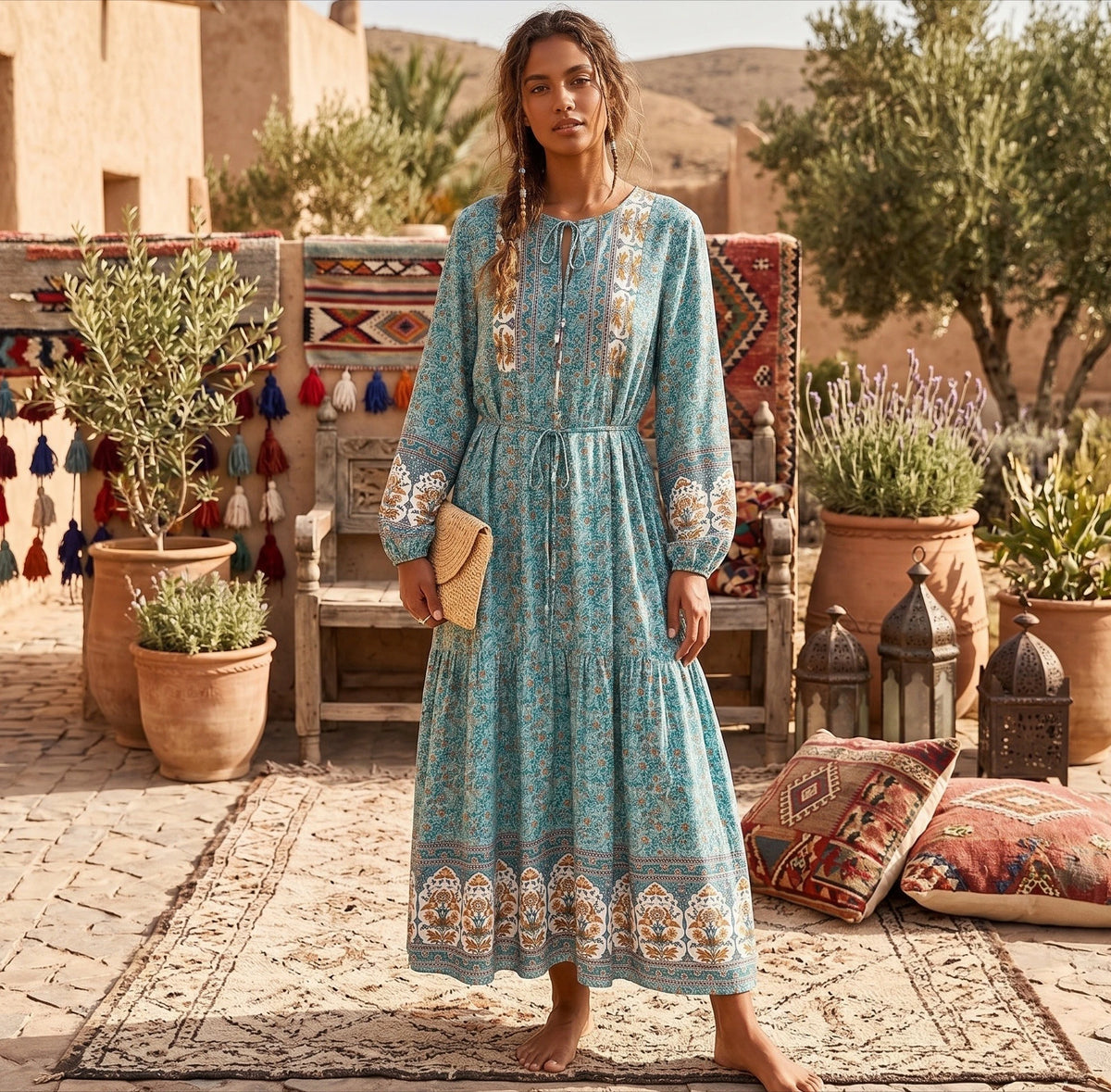 Boho Floral Maxi Dress with Long Sleeves