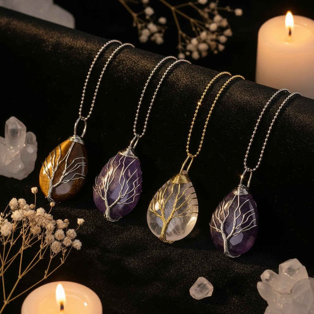 Tree of Life Crystal Necklace — Wire-Wrapped Natural Stone Pendant