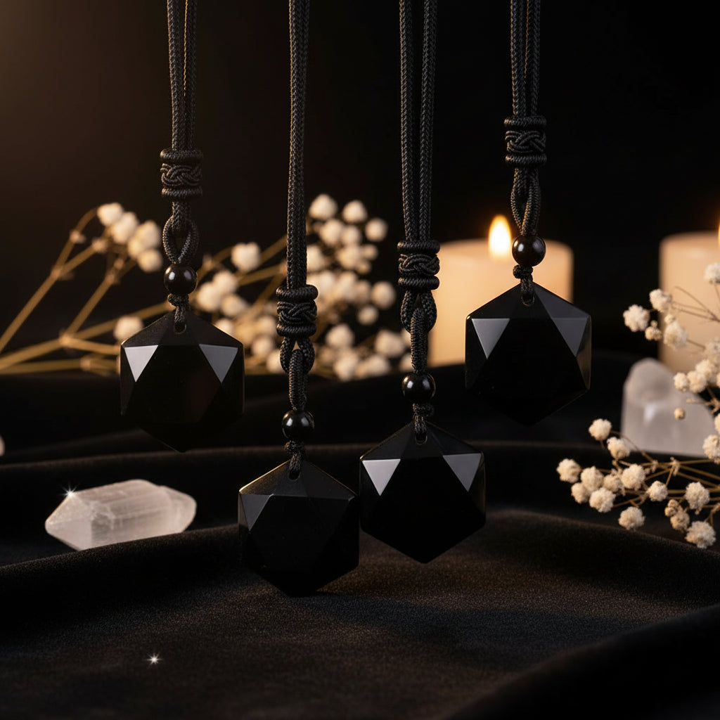 Black Obsidian Hexagram Pendant Necklace — Sacred Geometry Protection Amulet