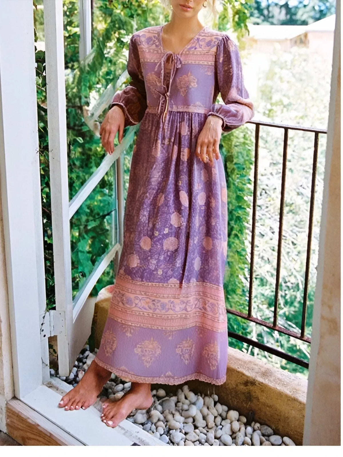 Bohemian Floral V-Neck Lantern-Sleeve Maxi Dress