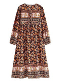 Long Sleeve Floral Print Lace-Up Boho Maxi Dress