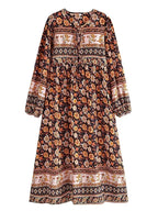 Long Sleeve Floral Print Lace-Up Boho Maxi Dress