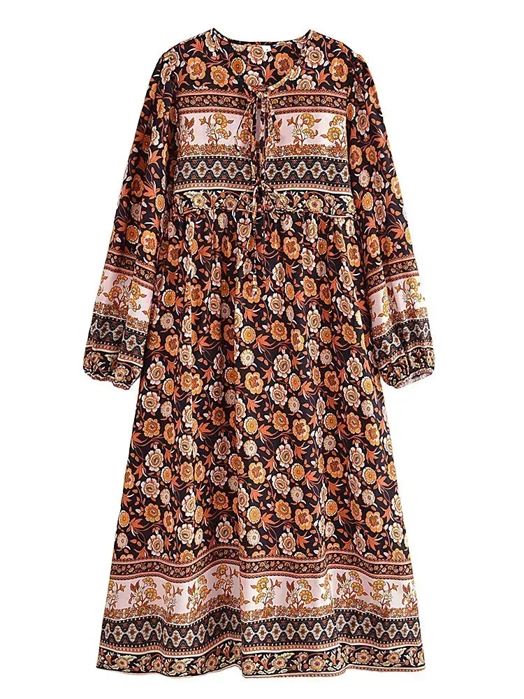 Long Sleeve Floral Print Lace-Up Boho Maxi Dress