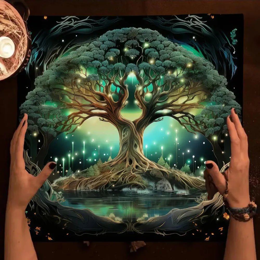Tree of Life & Moon Phase Altar Cloth – Sacred Geometry Tarot Spread Mat