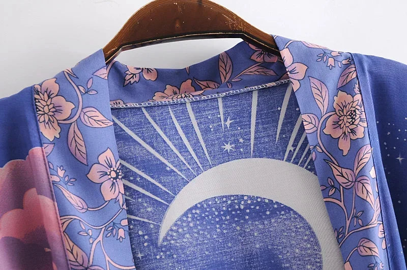 Star & Moon Floral Batwing Kimono Robe