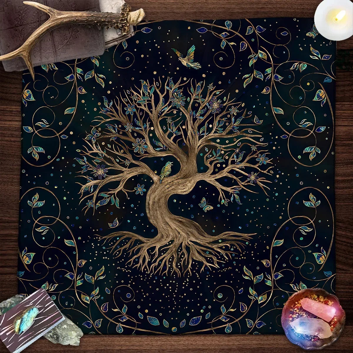 Tree of Life & Moon Phase Altar Cloth – Sacred Geometry Tarot Spread Mat