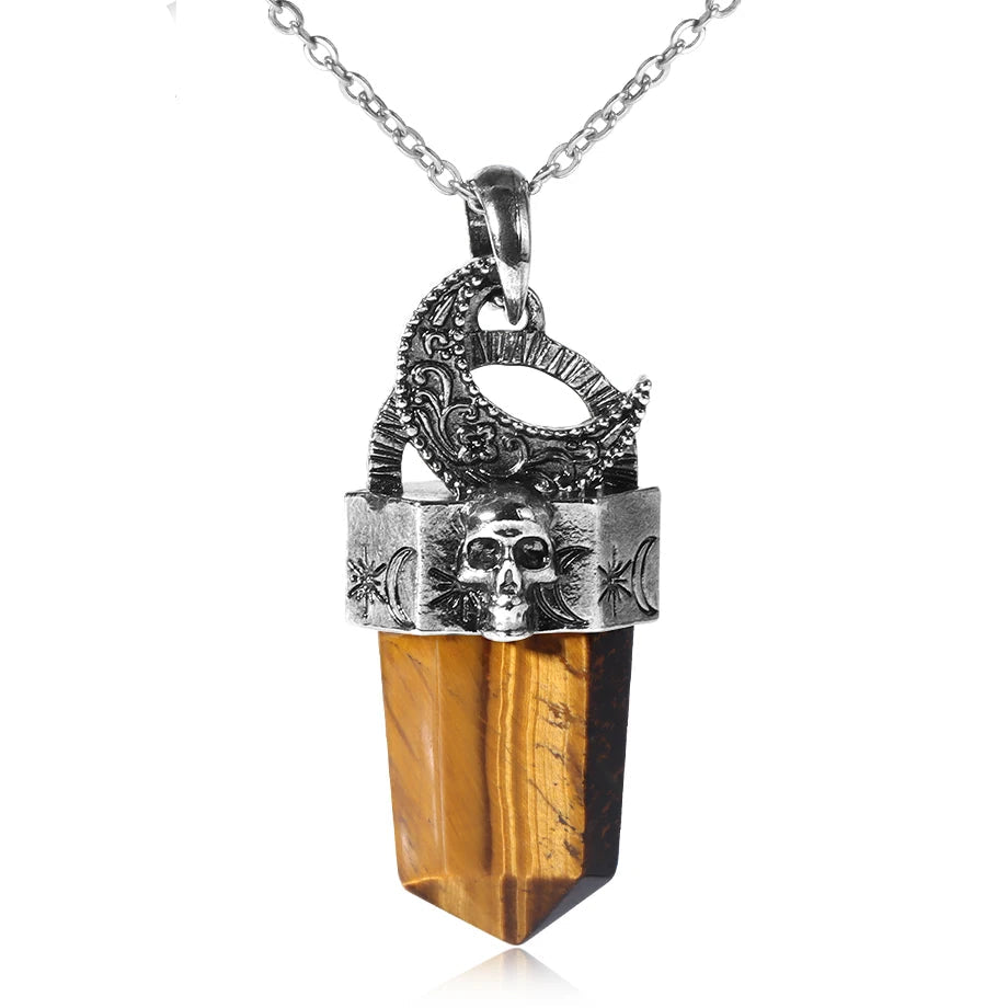 Skull & Crescent Moon Crystal Point Pendant Necklace | Natural Gemstone | Reiki Healing Jewelry