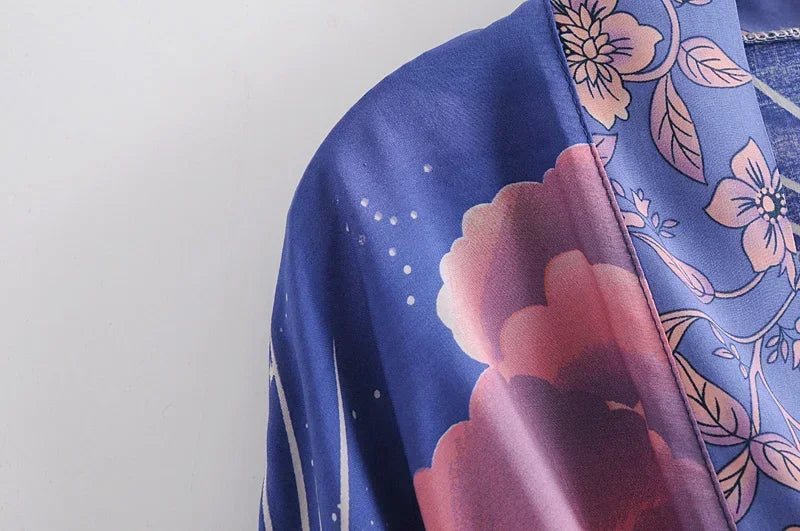 Star & Moon Floral Batwing Kimono Robe