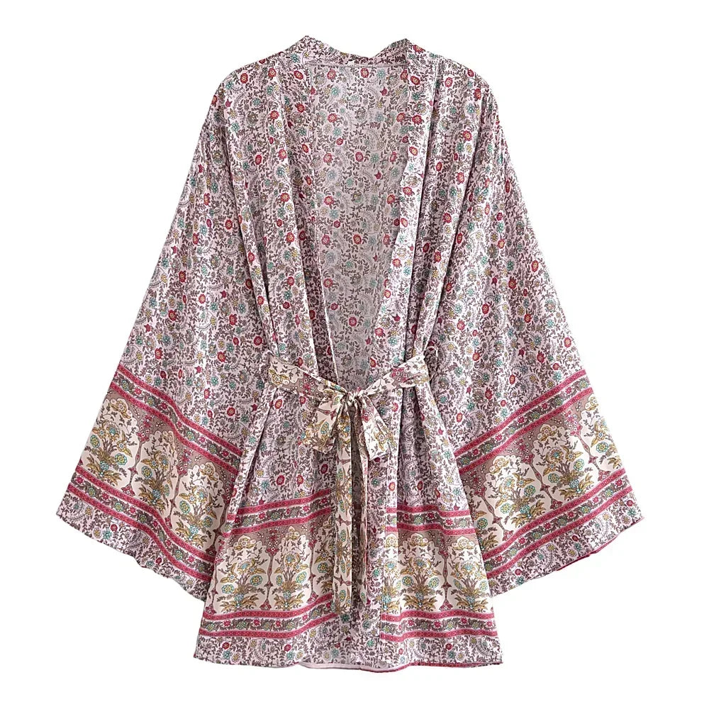 Floral Boho Kimono Robe with Batwing Sleeves
