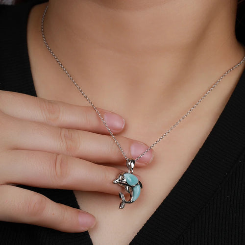 Larimar Dolphin Pendant Necklace, 925 Sterling Silver