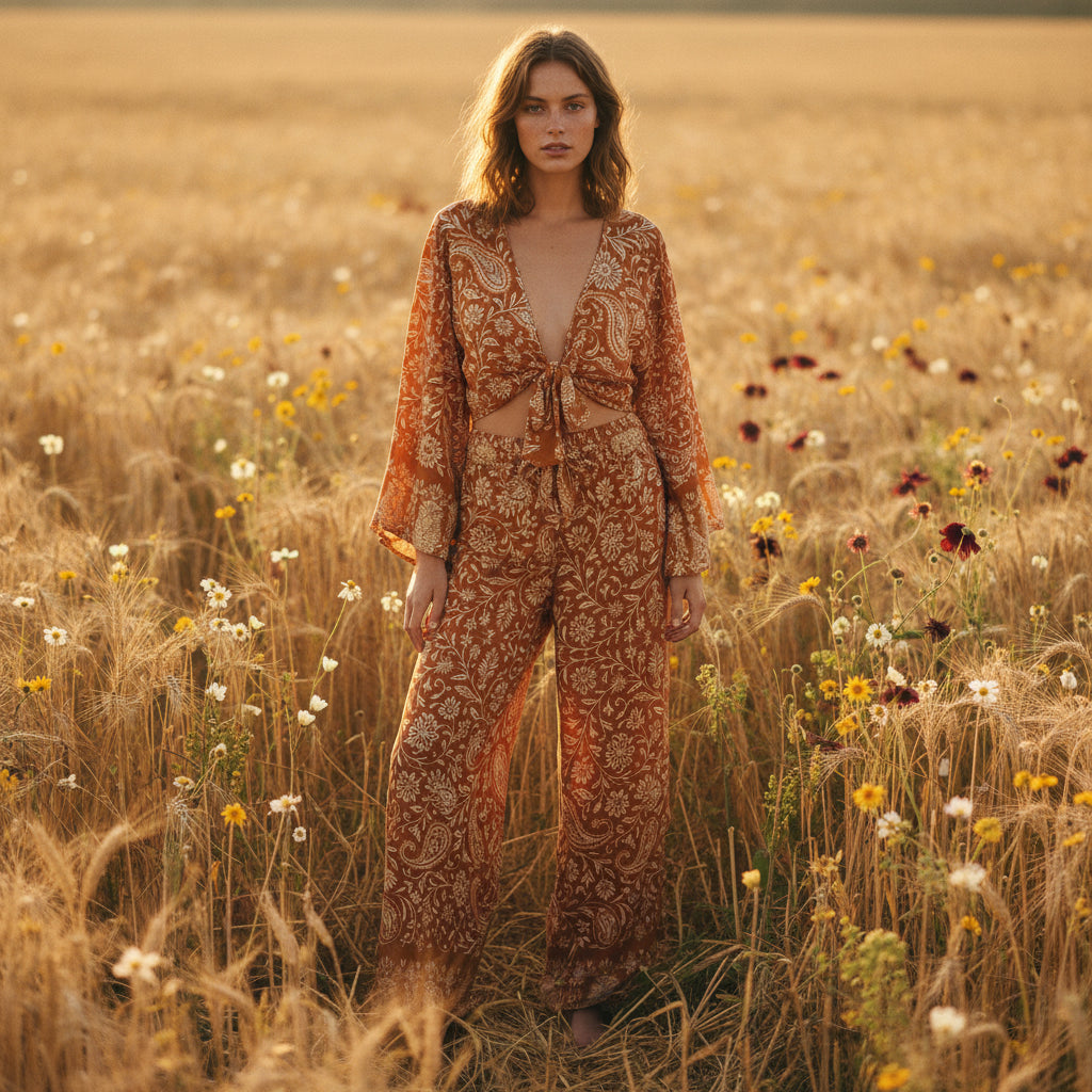 Floral Kimono Boho Set – Wide Leg Pants & Kimono Top