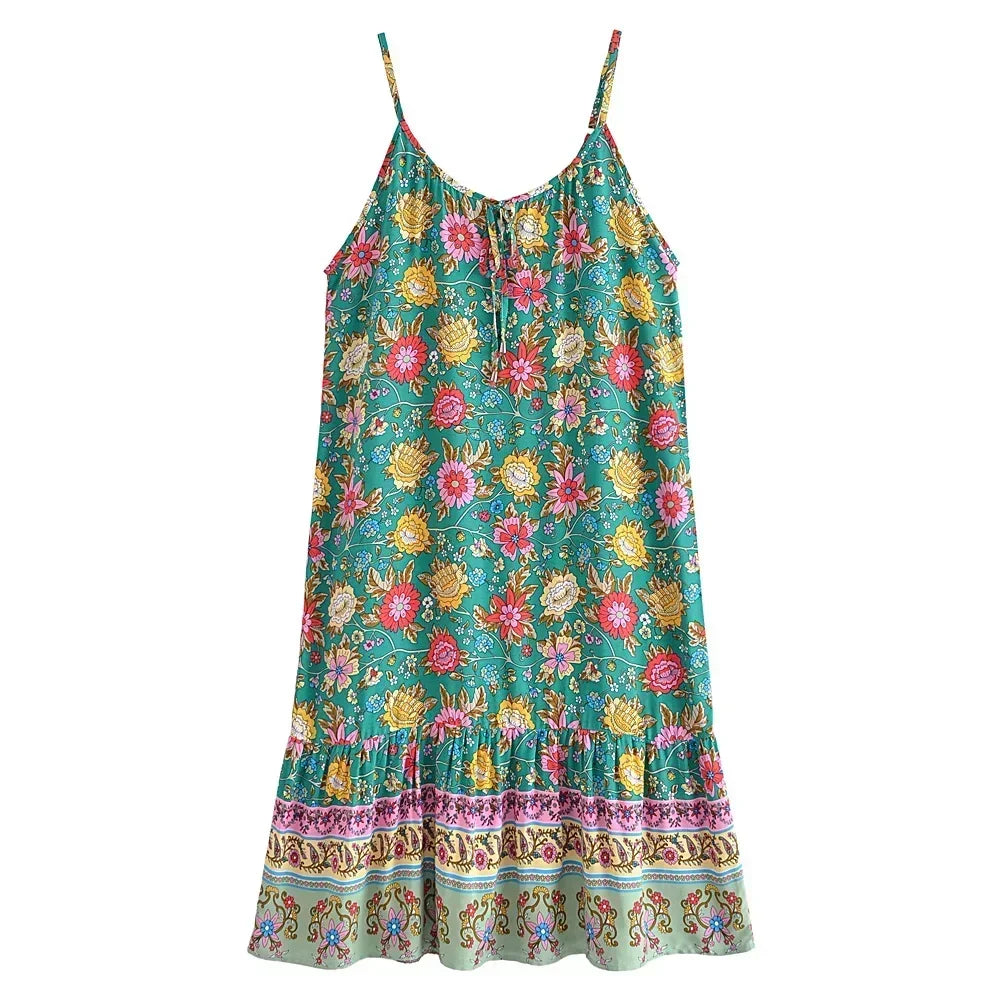 Floral Border Spaghetti Strap Boho Midi Dress