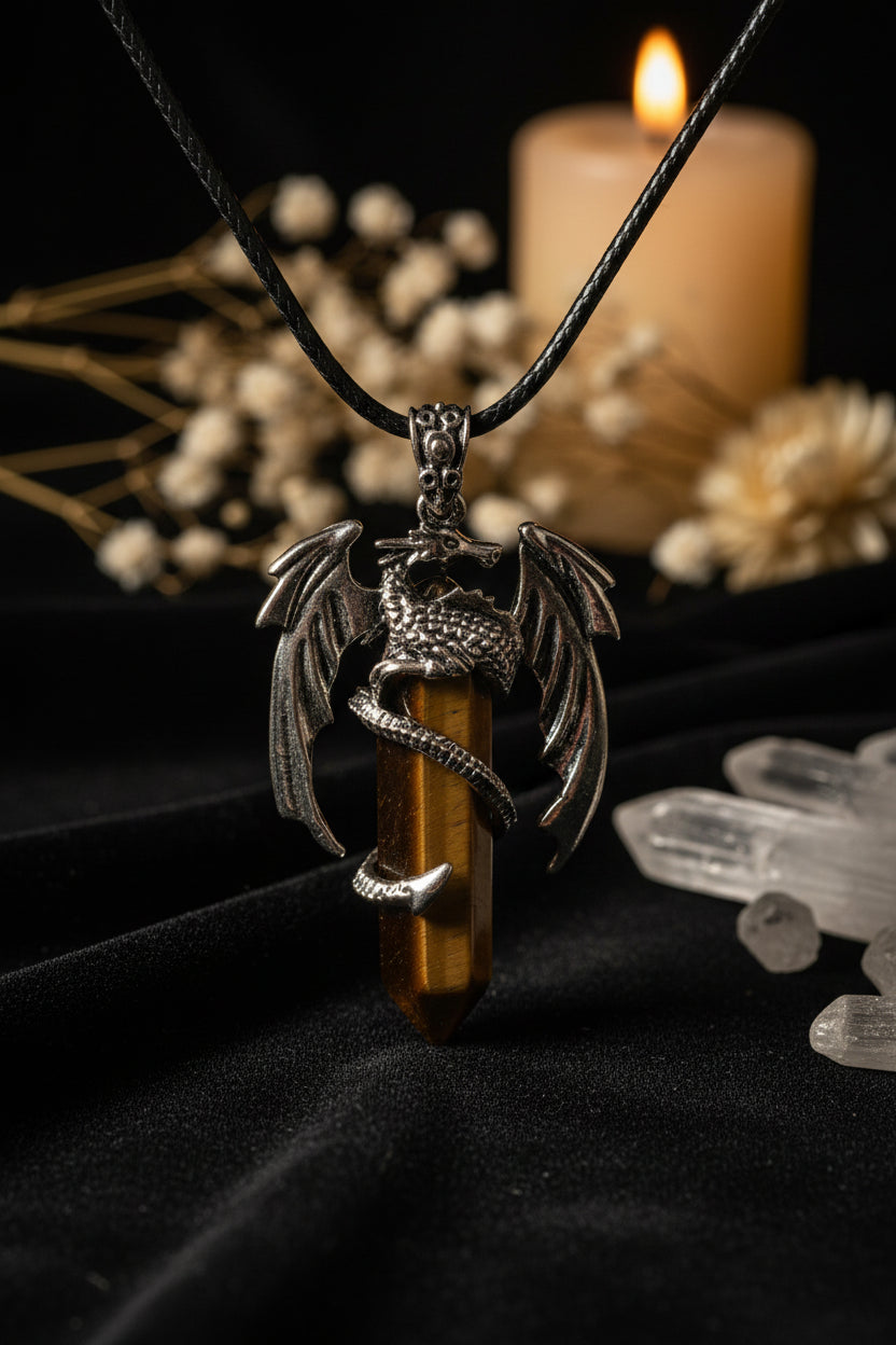 Dragon Crystal Point Pendant Necklace — Natural Gemstone Talisman