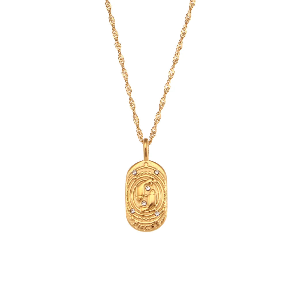 Zodiac Tag Pendant Necklace — 18K Gold Embossed Star Sign