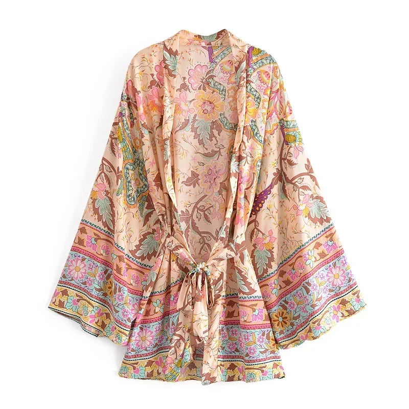 Vintage Peacock Floral Batwing Kimono Robe