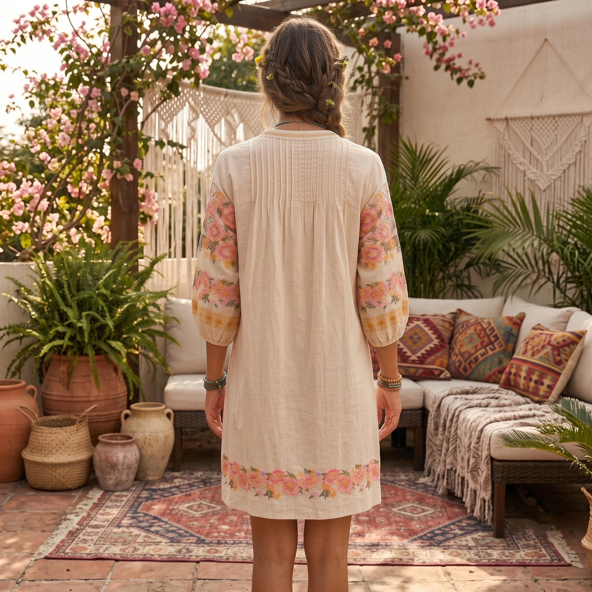 Boho Floral Embroidery Cotton-Linen Mini Dress
