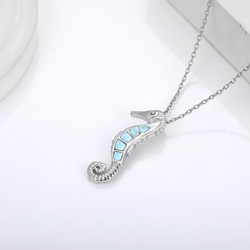 Larimar Seahorse Pendant Necklace in 925 Sterling Silver