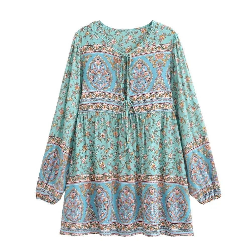 Floral Lantern Sleeve Boho Mini Dress