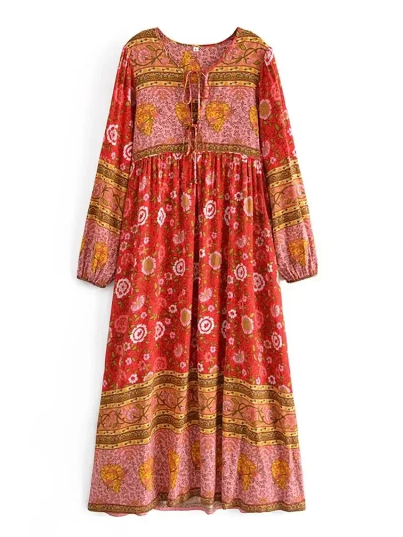 Bohemian Floral V-Neck Lantern-Sleeve Maxi Dress