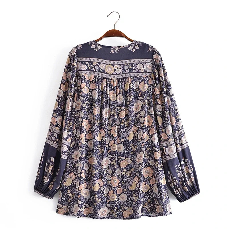 Floral Tassel V-Neck Boho Blouse