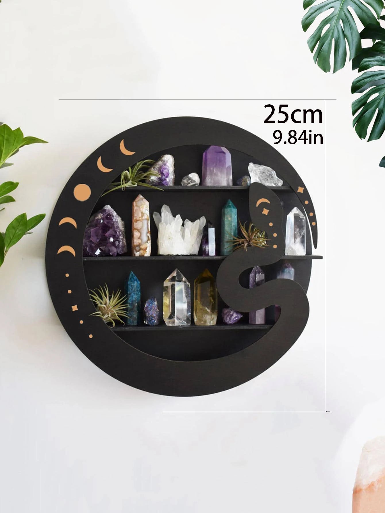 Round Moon Wall Shelf – 3-Tier Black Wooden Crystal Display