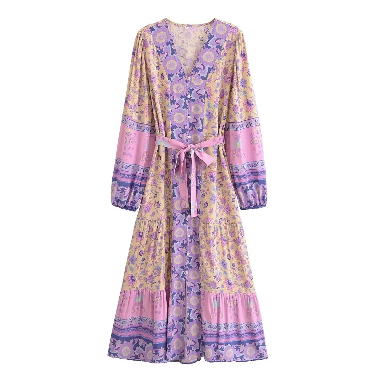 Floral Print Boho Maxi Dress – Long Sleeve Button Front
