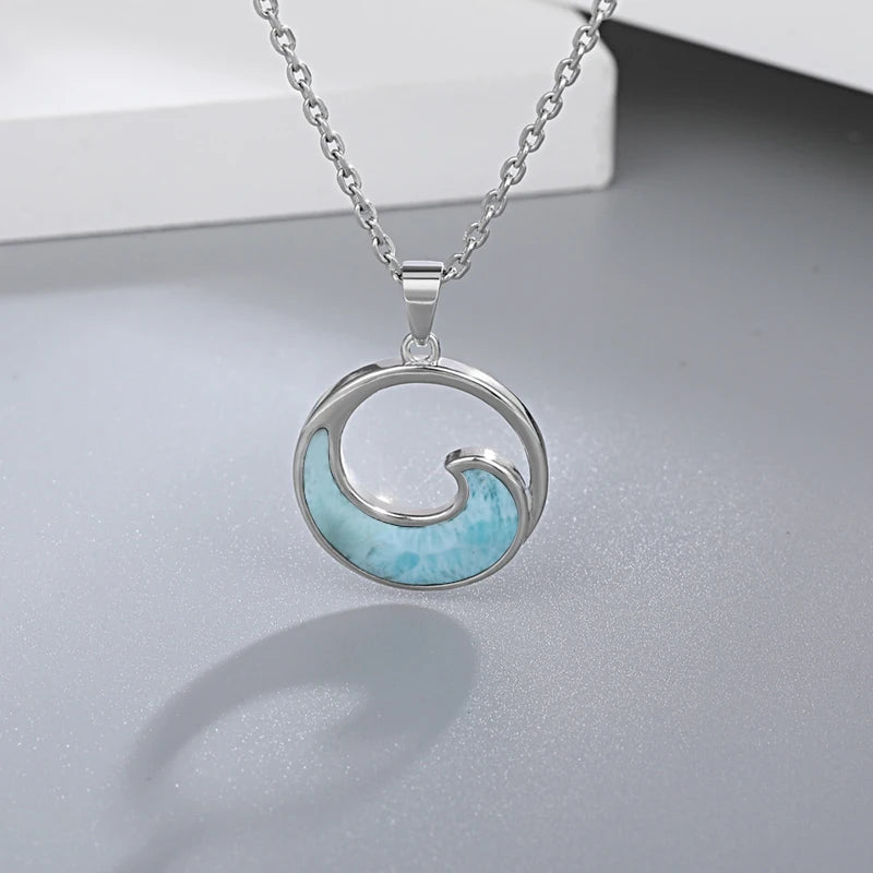 Larimar Ocean Wave Pendant Necklace in 925 Sterling Silver