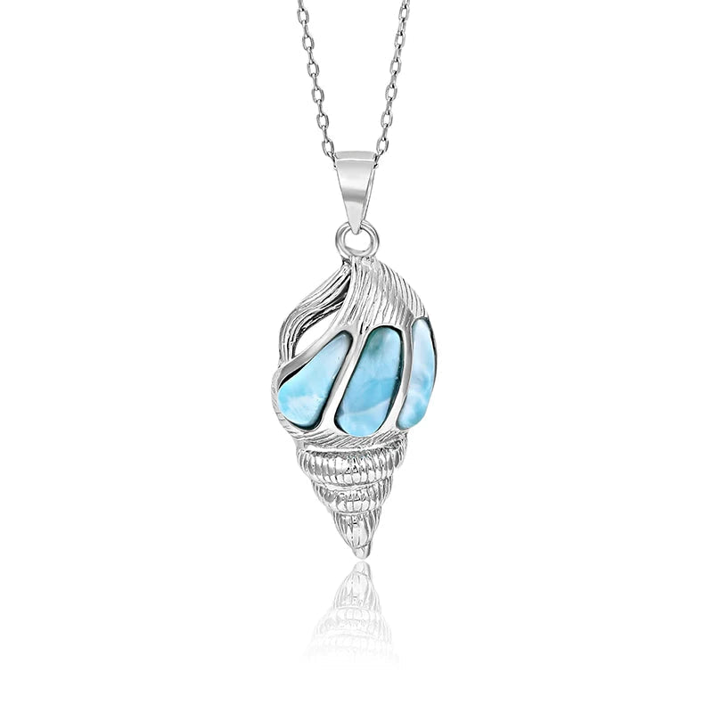 Larimar Conch Shell Pendant Necklace in 925 Sterling Silver