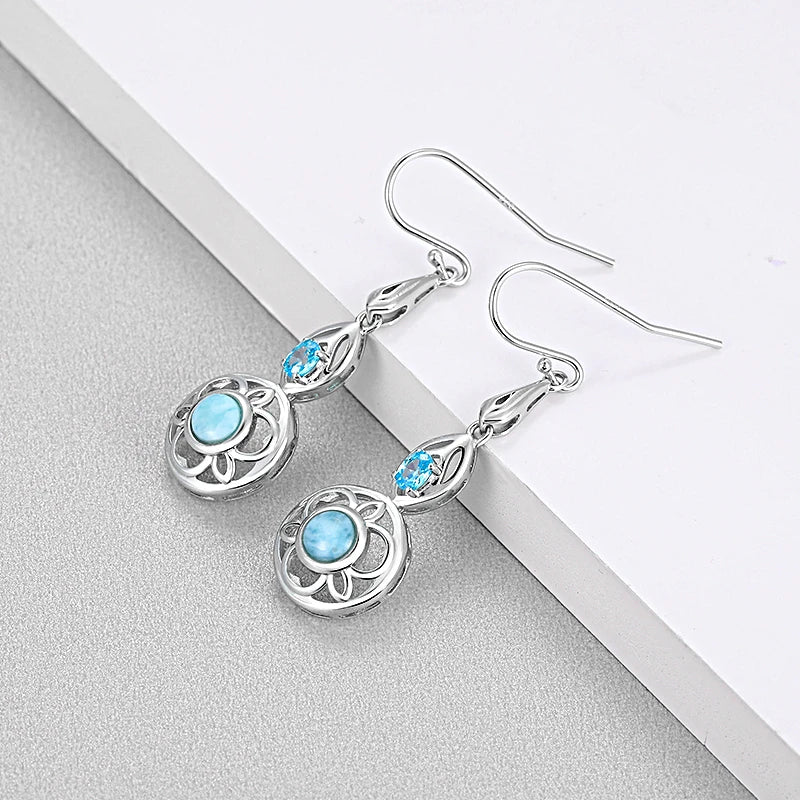 Larimar Filigree Medallion Drop Earrings, 925 Sterling Silver