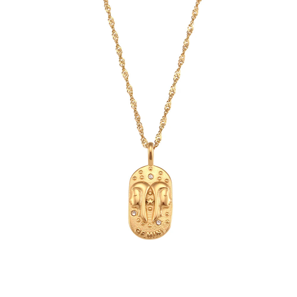 Zodiac Tag Pendant Necklace — 18K Gold Embossed Star Sign