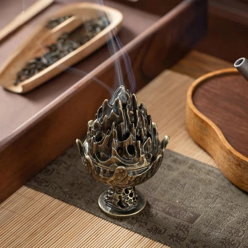 Lotus Bud Incense Burner — Hollow Alloy Cone & Stick Holder