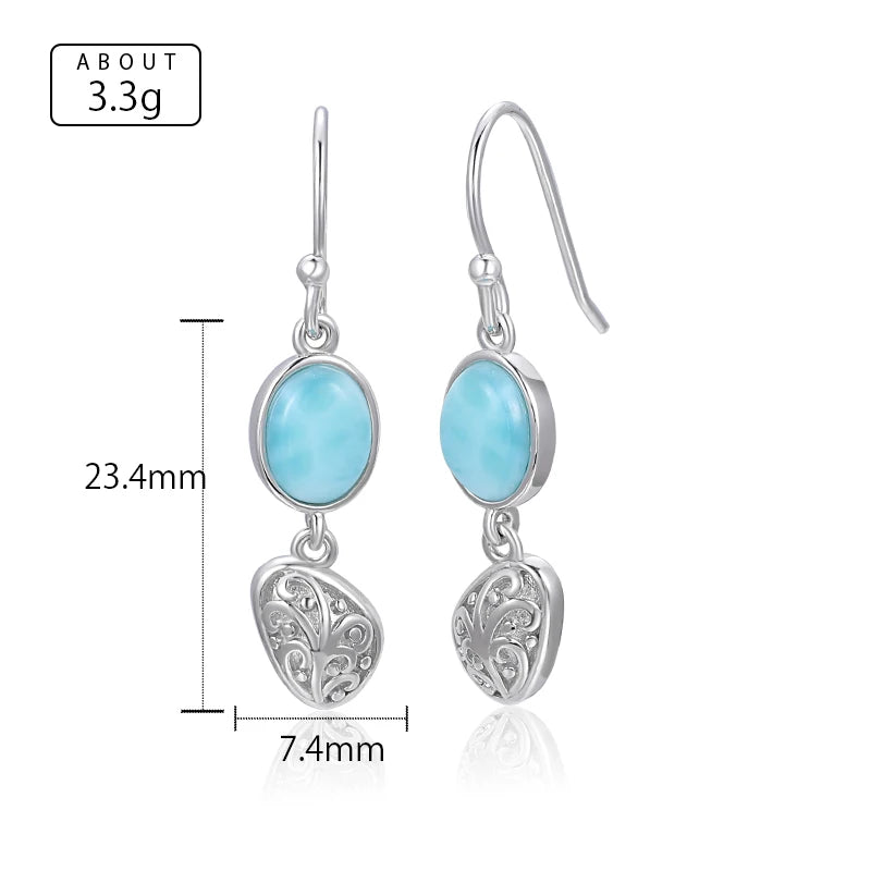 Larimar Oval Engraved Drop Earrings in 925 Sterling Silver