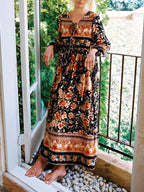 Ethnic Floral Print Tie-Neck Long Sleeve Boho Maxi Dress