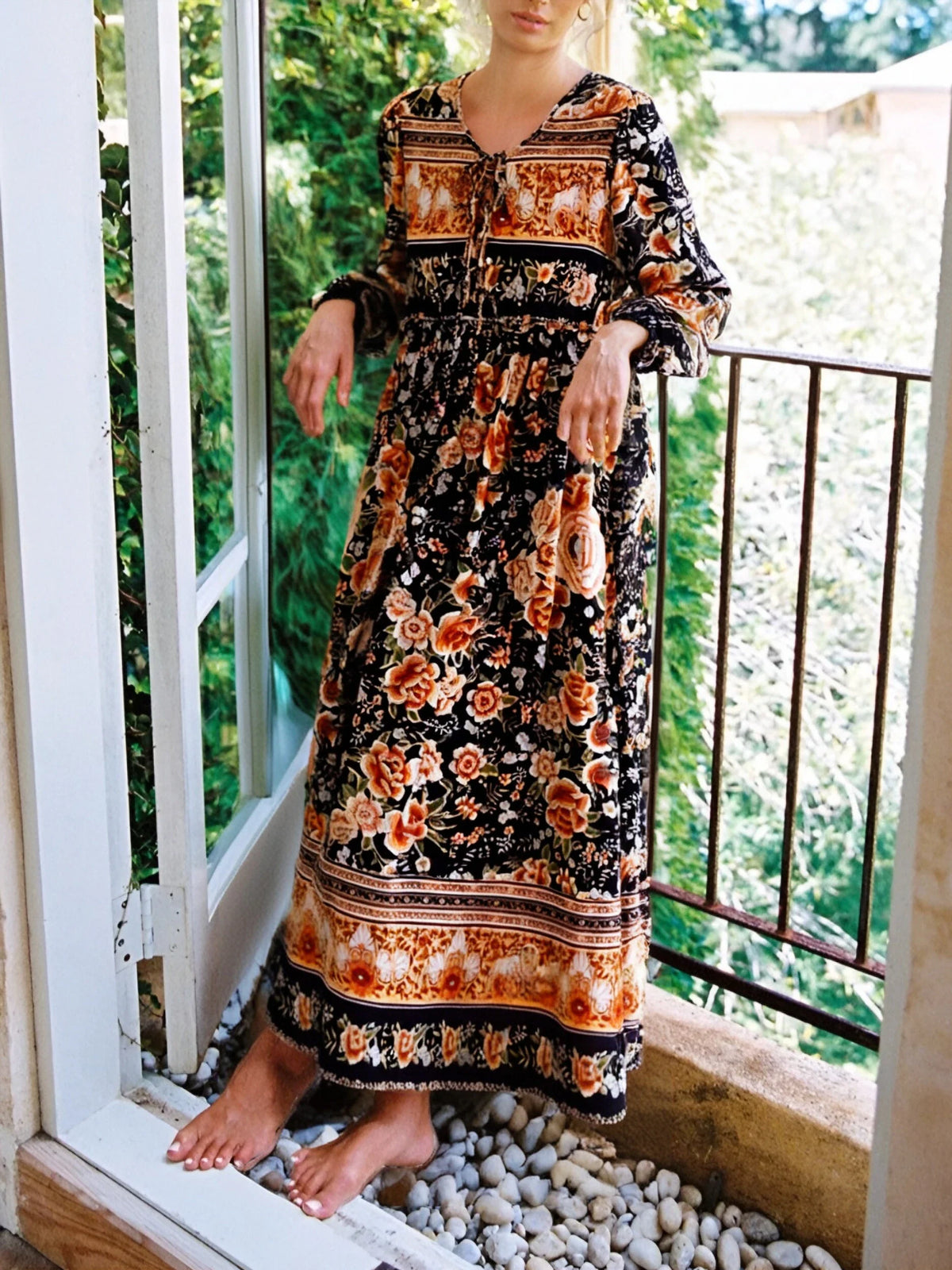 Ethnic Floral Print Tie-Neck Long Sleeve Boho Maxi Dress