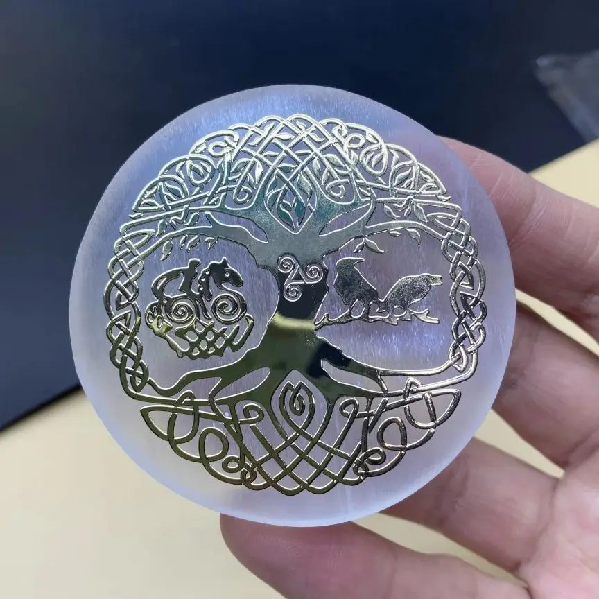 Engraved Selenite Charging Disc – Sacred Geometry Crystal Plate
