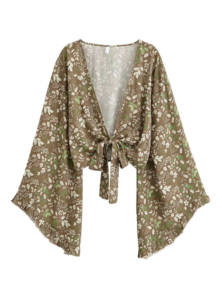 Flare Sleeve Tie-Front Boho Kimono Top