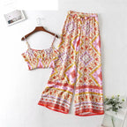 Boho Floral Smocked Cami & Wide-Leg Pants Set