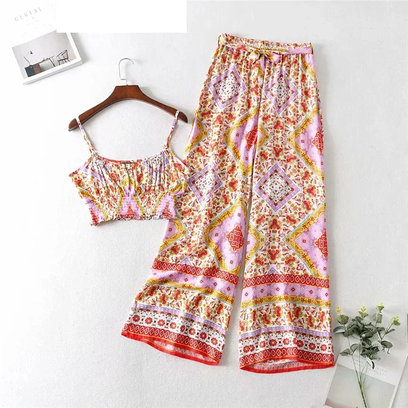 Boho Floral Smocked Cami & Wide-Leg Pants Set