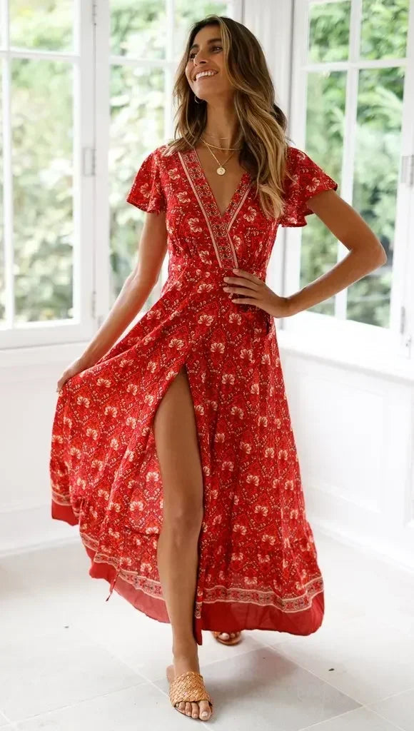 Floral Wrap Maxi Dress with Bow Tie