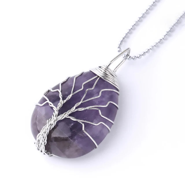 Tree of Life Crystal Necklace — Wire-Wrapped Natural Stone Pendant