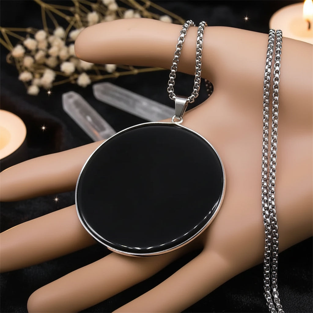 Black Obsidian Circle Pendant Necklace | Silver or Gold Chain