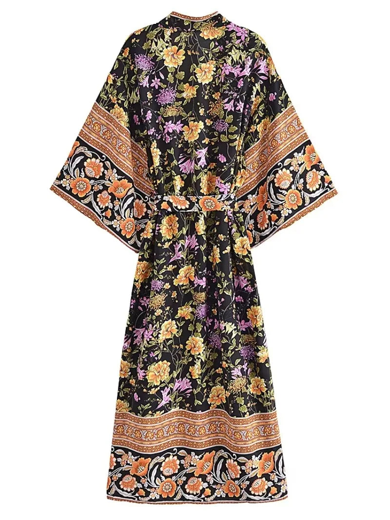 Vintage Floral Sash Kimono Maxi Robe