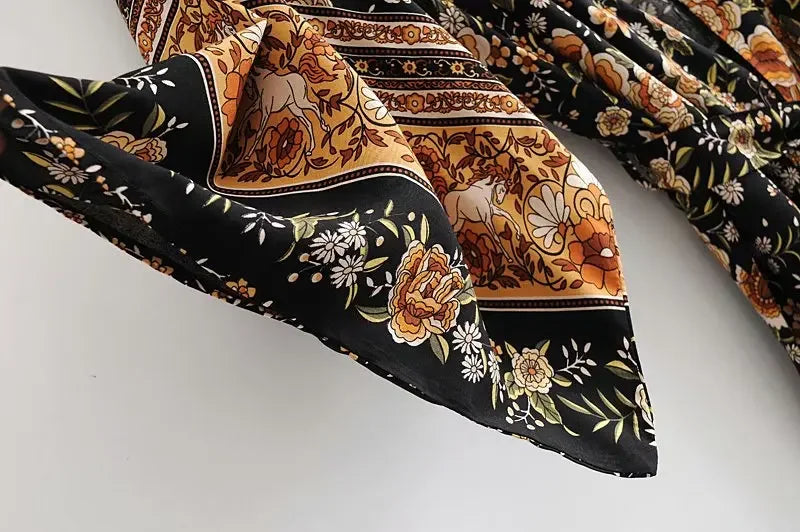 Boho Dark Floral Maxi Kimono Robe with Sash