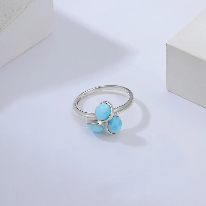 Larimar Three Stone Cluster Ring in 925 Sterling Silver